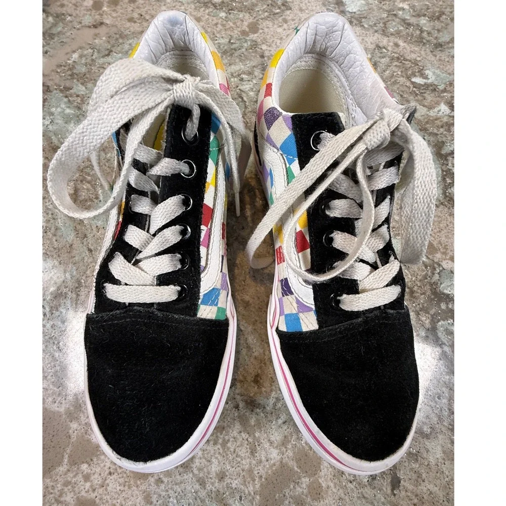 Vans Old‎ Skool Rainbow Checkerboard Black Suede Low Top Sneakers Kids Size 3.0